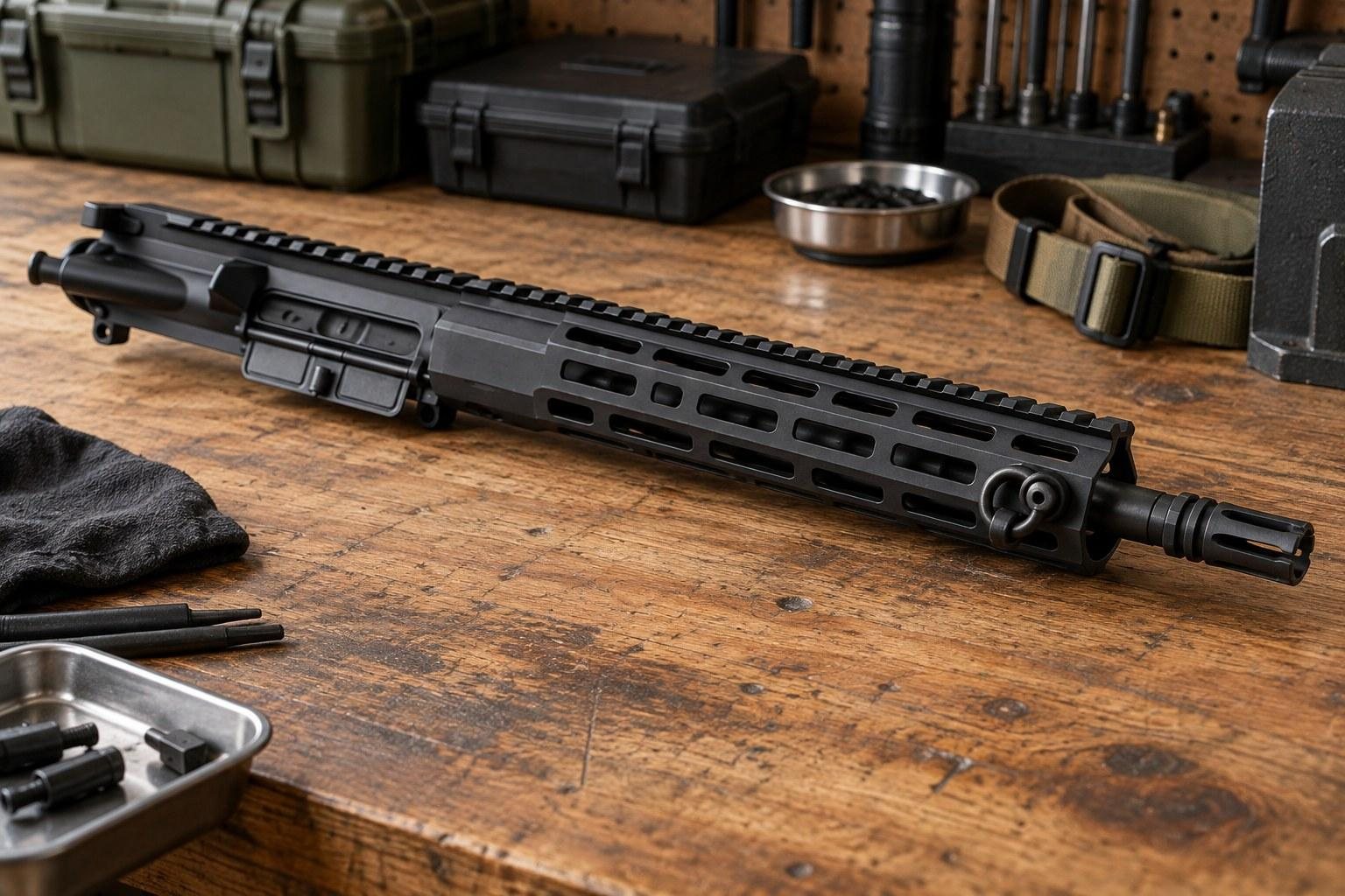 Black rifle-like object on a wooden workbench with cases, tools, metal bowl, and ammunition nearby.