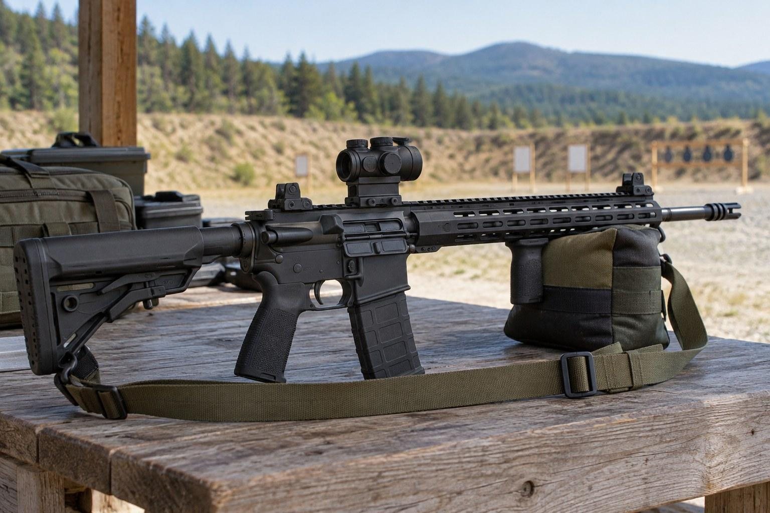Black rifle with scope and sling resting on a shooting bench overlooking forested mountains.