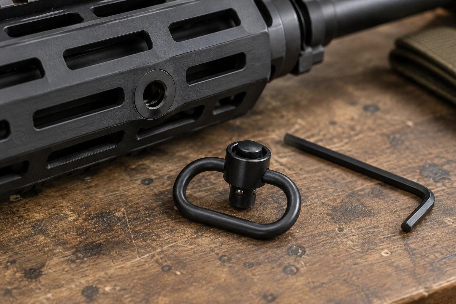 Close-up of black slotted handguard beside a sling swivel and hex key on a wooden bench.