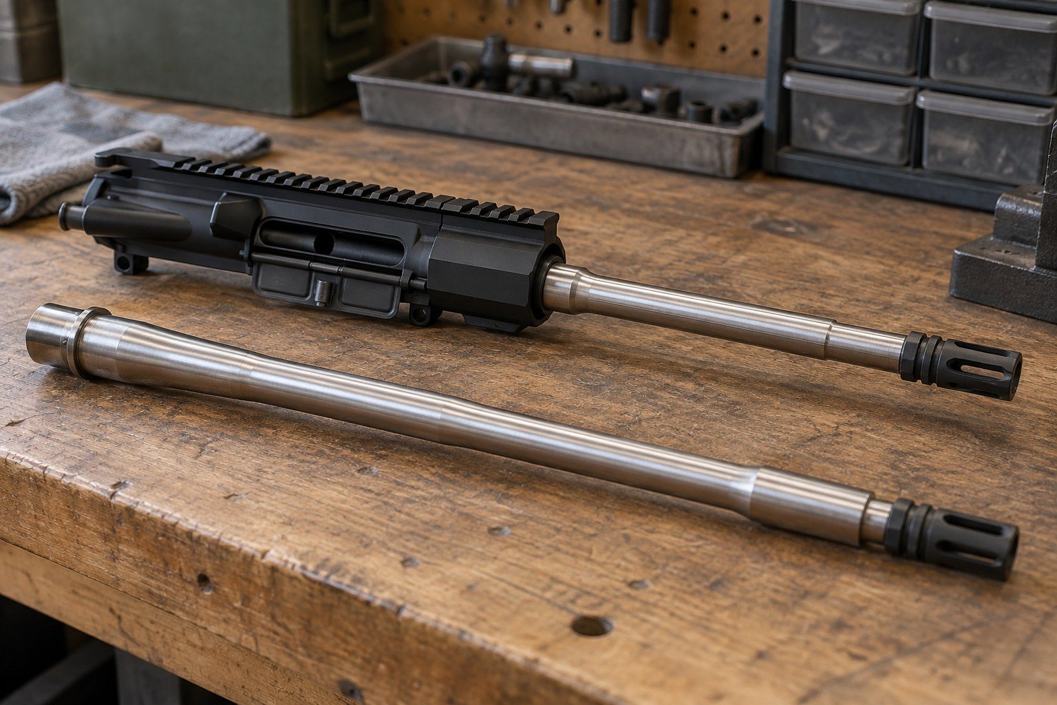 Disassembled black rifle upper and two metal barrels arranged on a wooden workbench