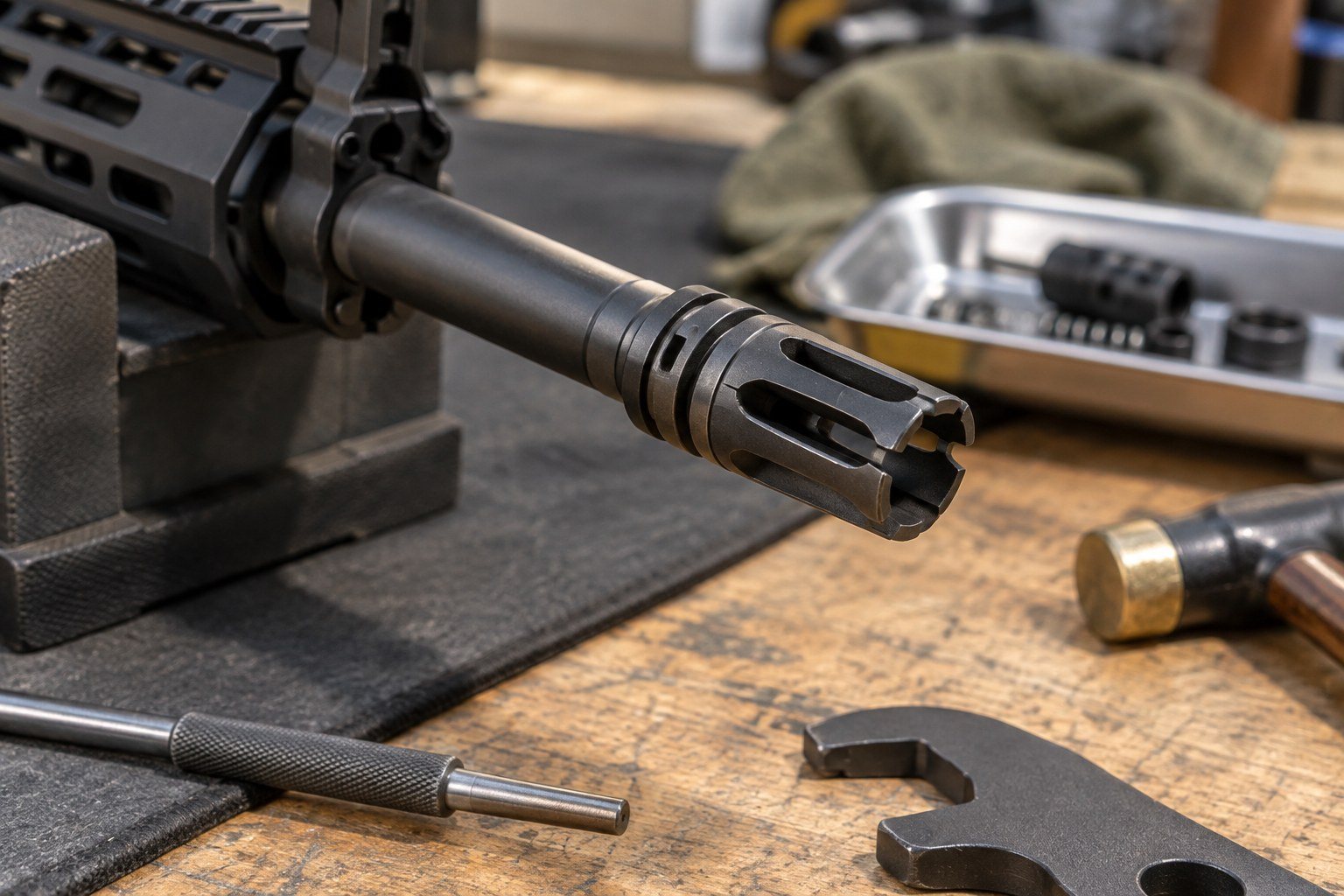 Close-up black rifle barrel on a wooden workbench with tools and metal trays nearby