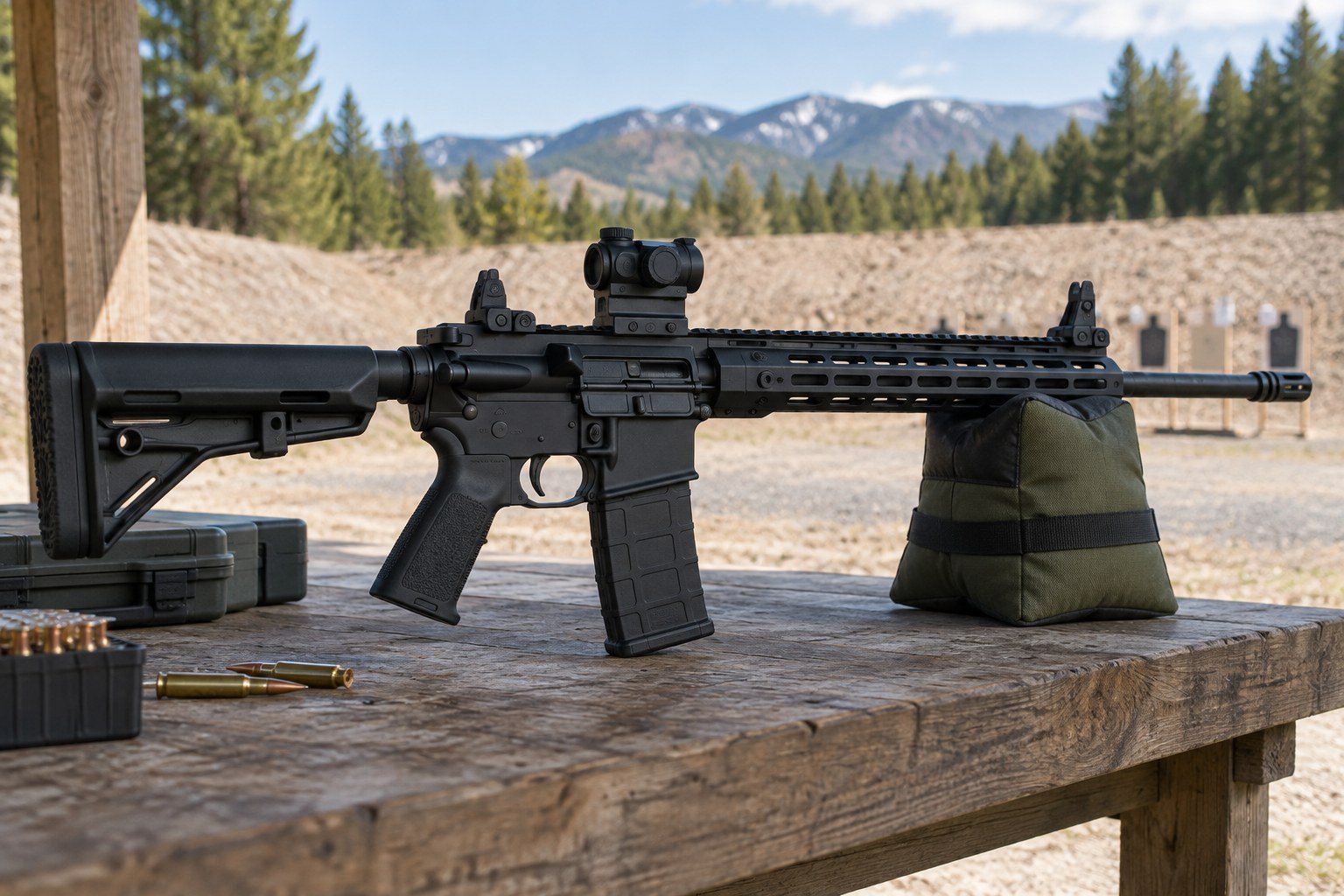 Black rifle resting on a wooden shooting bench with mountains and evergreen trees behind it