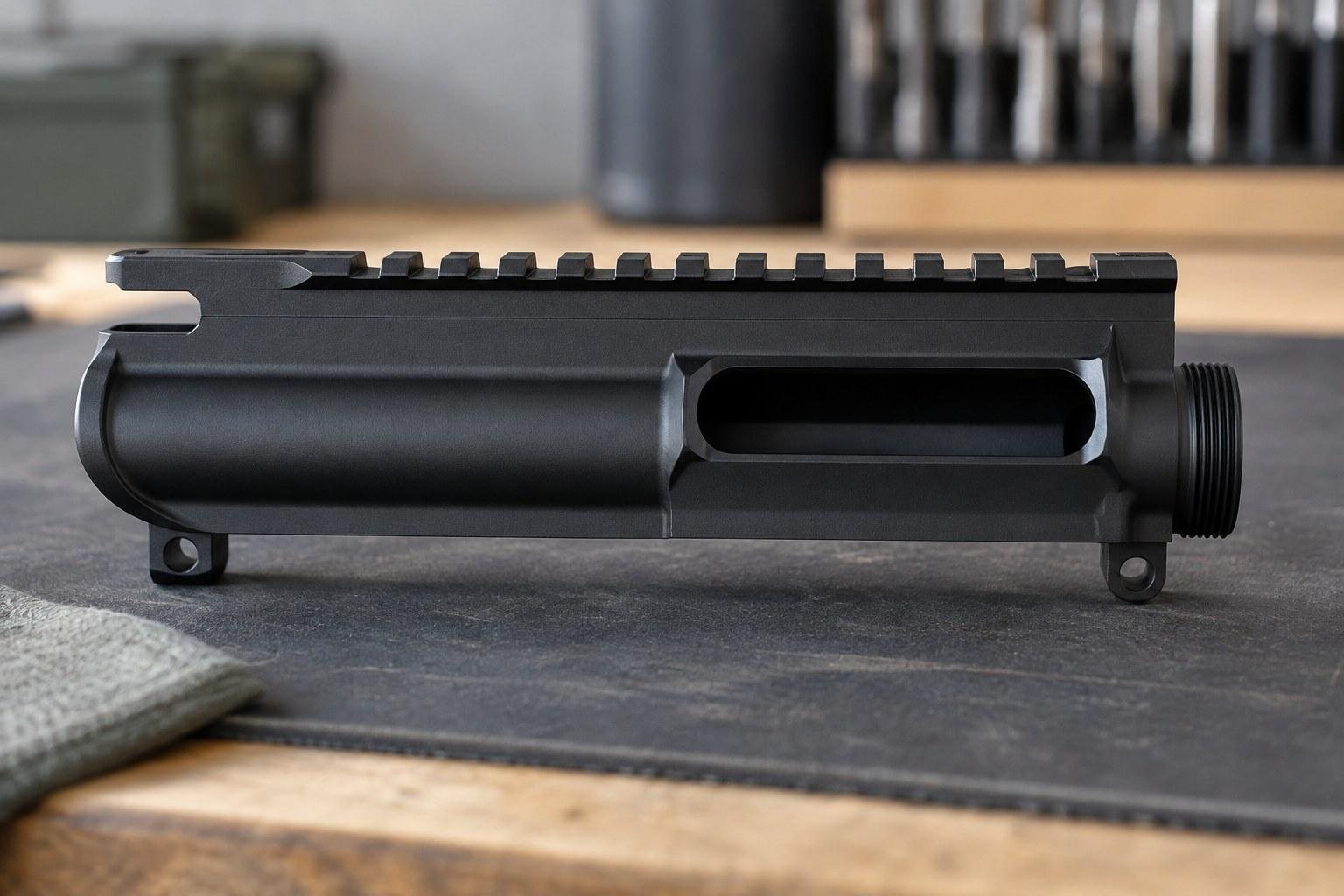 Black metal firearm upper receiver rests on a dark mat beside a wooden workbench.
