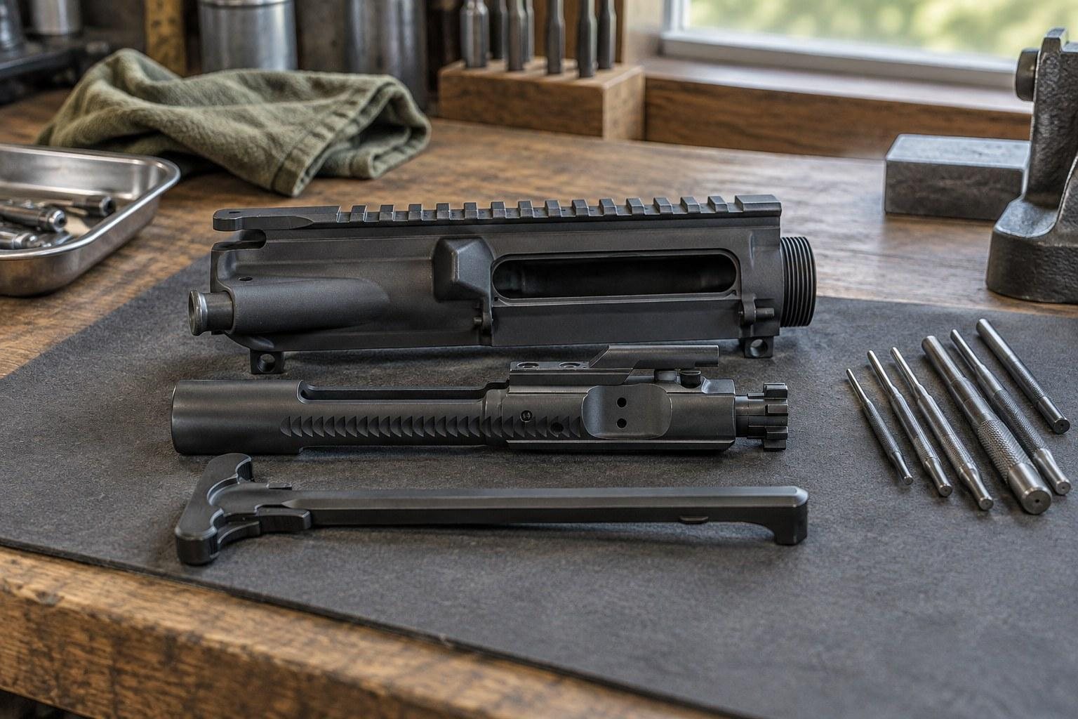 Disassembled black firearm components, metal rods, and cartridges arranged on a workshop table.