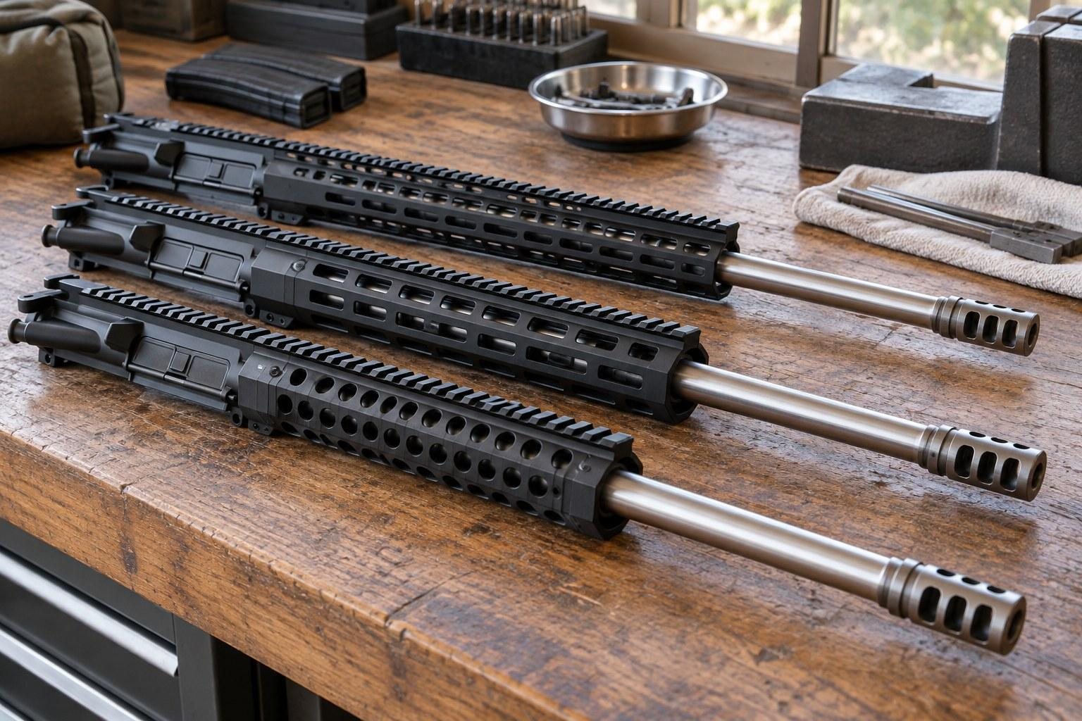 Three black rifles with long silver barrels arranged diagonally on a wooden workshop table.