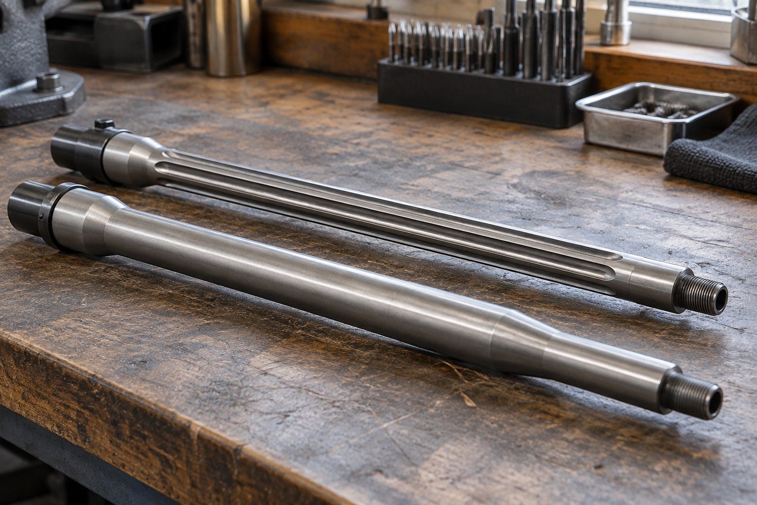 Three polished metal barrels lying parallel on a worn wooden workbench.