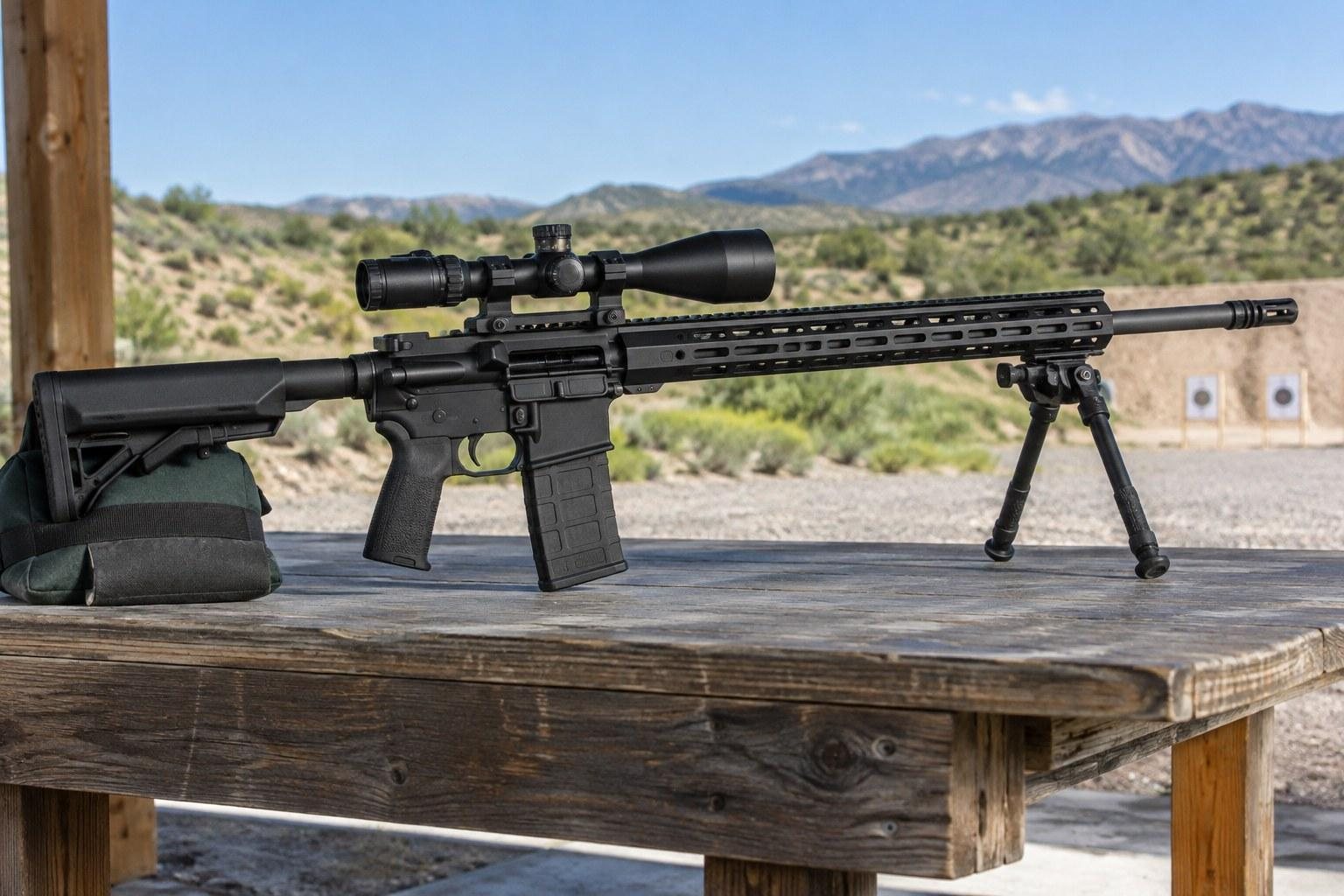 Black rifle with scope and bipod positioned on a wooden outdoor shooting bench.