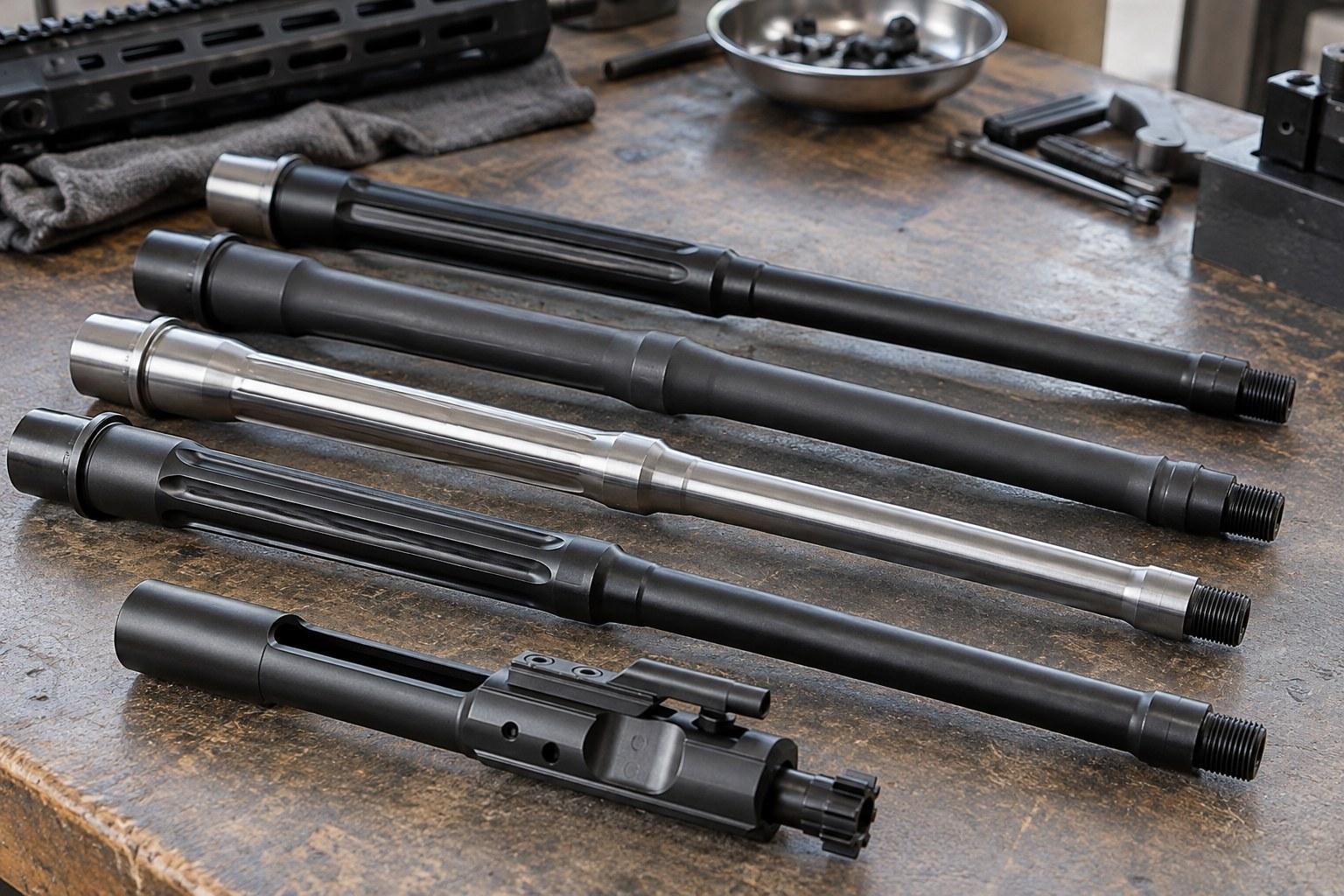 Several black and silver gun barrels arranged across a wooden workbench.