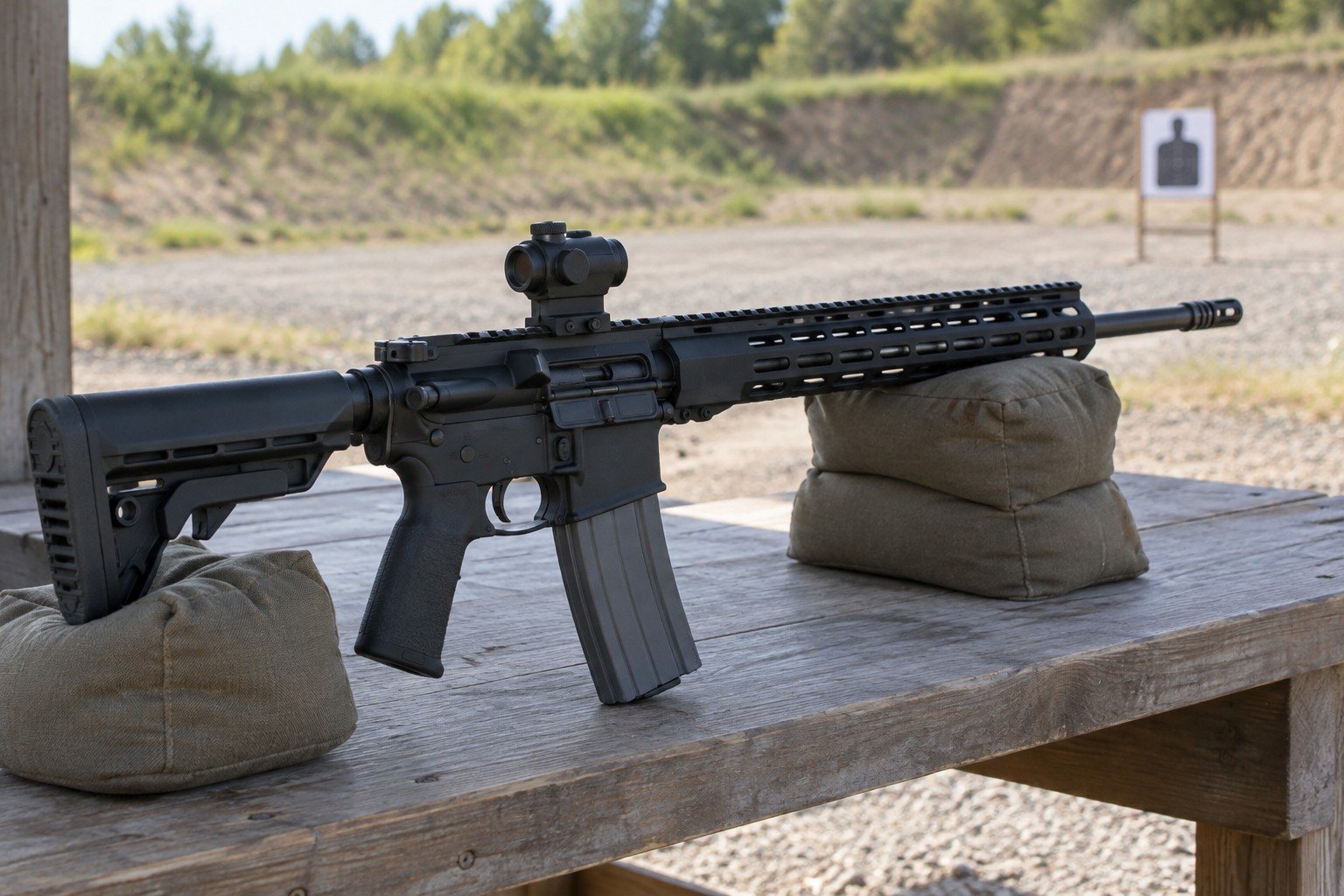 AR-15 carbine upper with red dot sight resting on shooting bags at an outdoor range with a target downrange