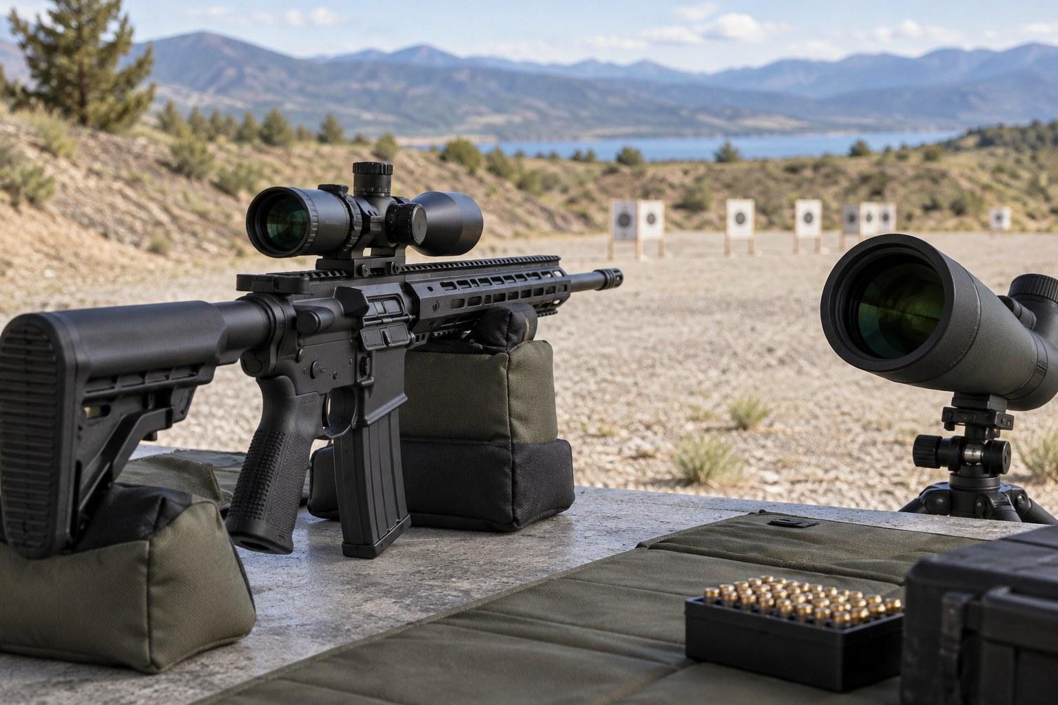 Black scoped rifle on a shooting bench overlooking mountains, lake, and distant white targets.