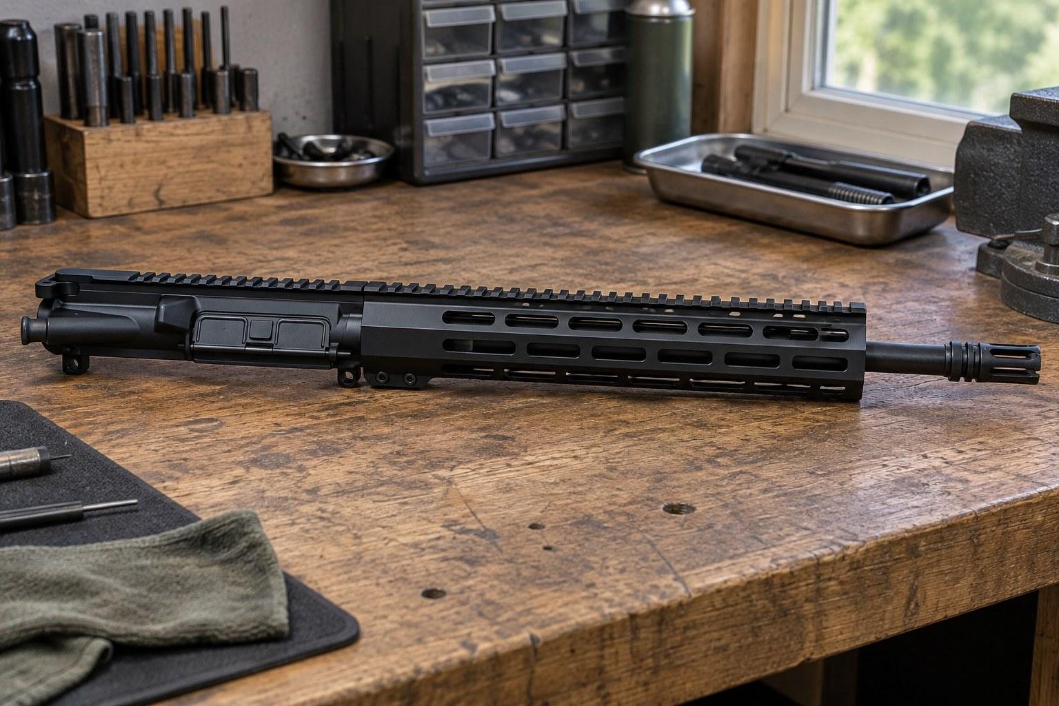 Long black rifle upper assembly lying on a wooden workbench with tools and storage bins.