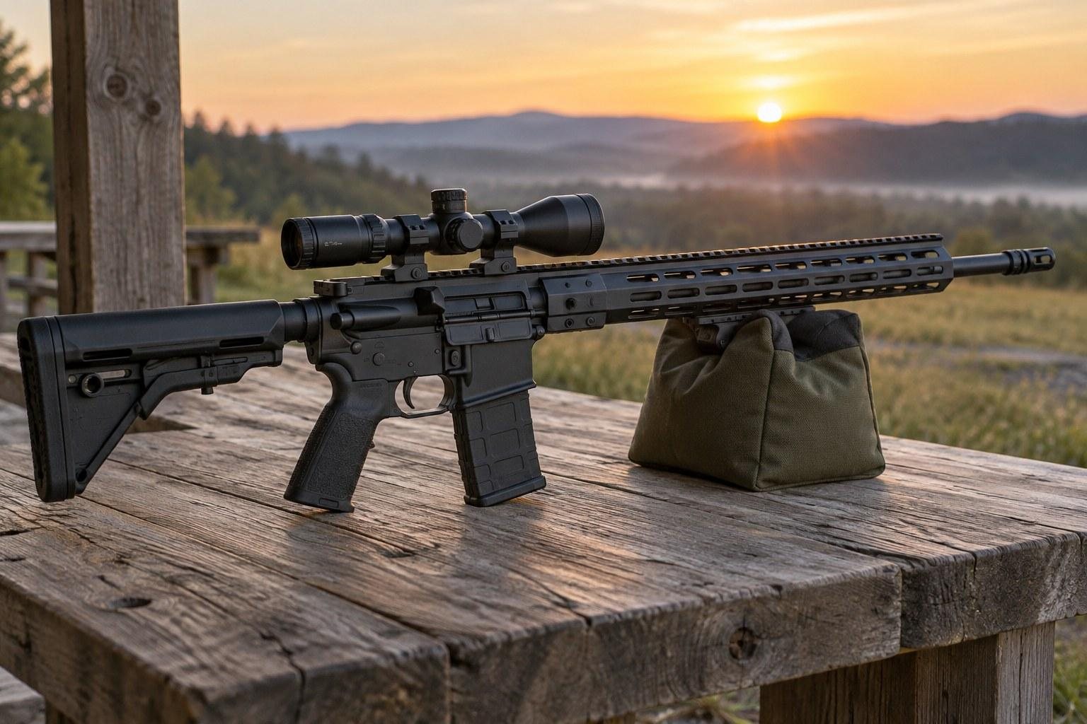 Black scoped rifle resting on a sandbag atop a wooden outdoor bench during sunset.