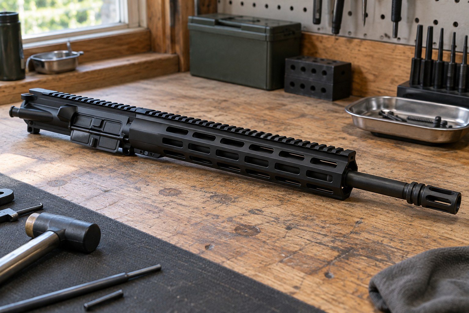 Black rifle laid across a wooden workbench, with tools, containers, and metal trays in the background.