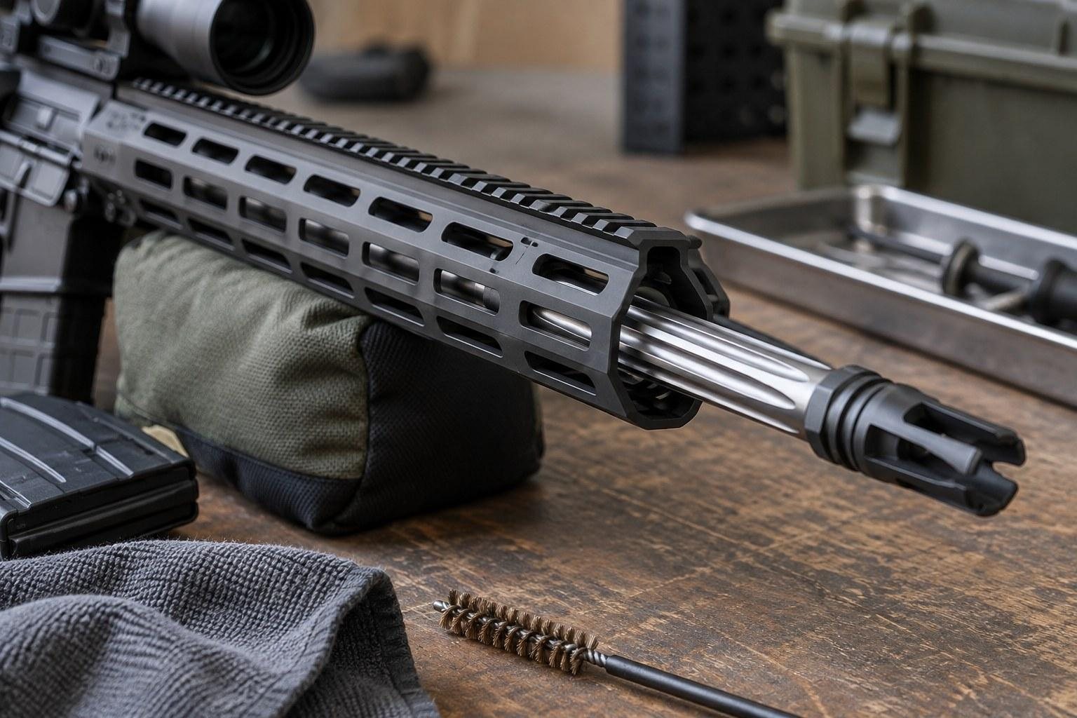 Black rifle with exposed silver barrel resting on a sandbag atop a wooden workbench, tools nearby.