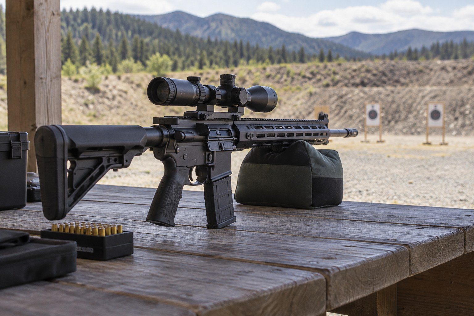 Black scoped rifle resting on a wooden bench with ammunition, shooting targets, and forested mountains behind