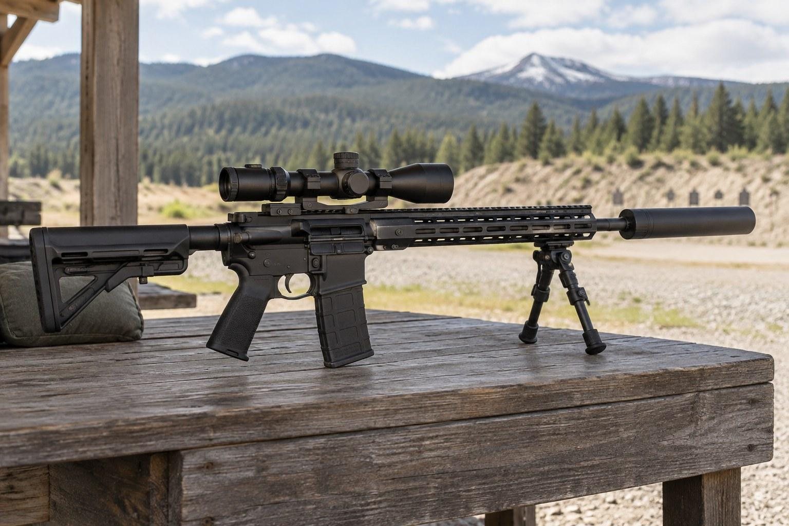Black rifle with mounted scope and bipod resting on a wooden bench before forested mountains