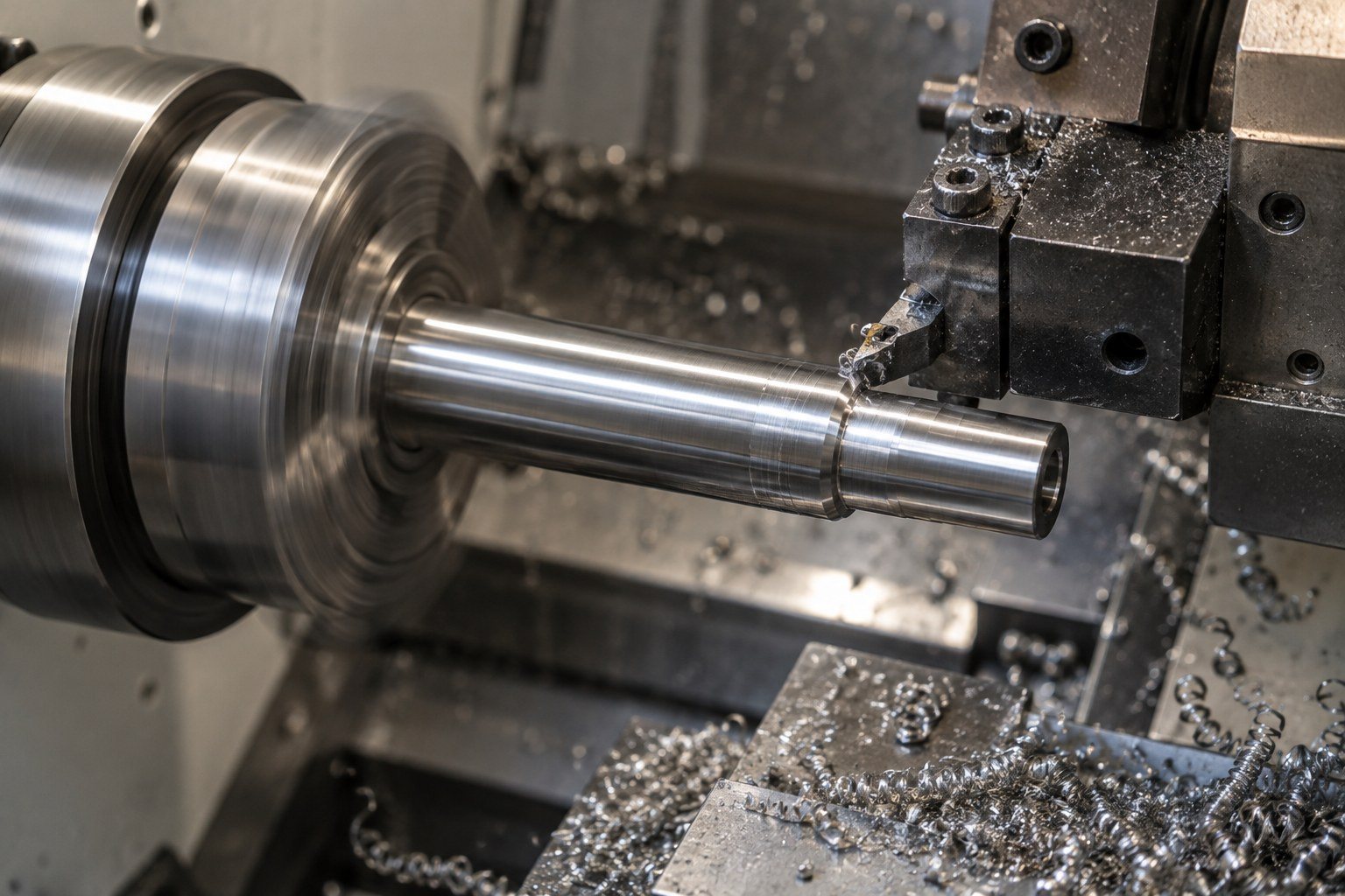 Shiny metal cylindrical workpiece mounted in a lathe, with cutting tools and metal shavings visible.