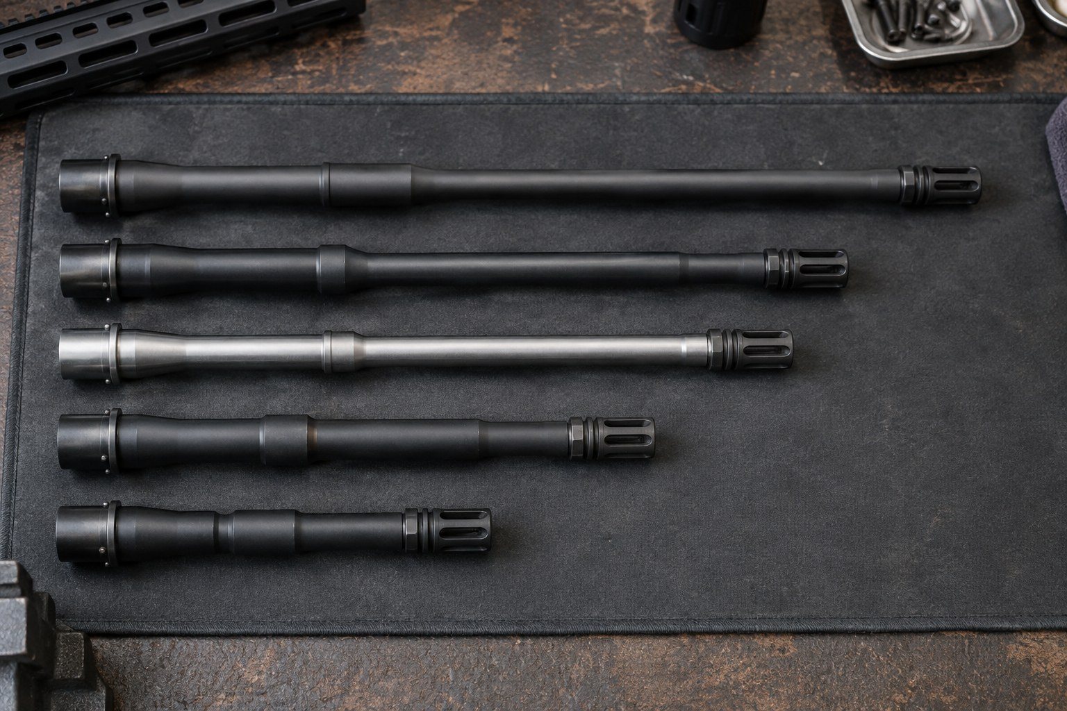 Five cylindrical metal components arranged horizontally on a dark mat, varying in length and finish.