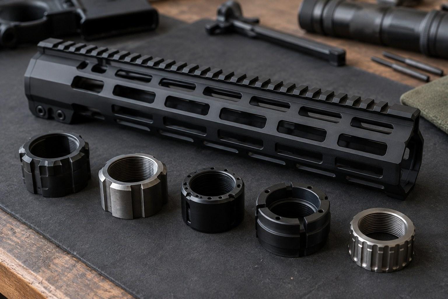 Black rifle handguard rests on black fabric beside five metal rings and scattered tools.