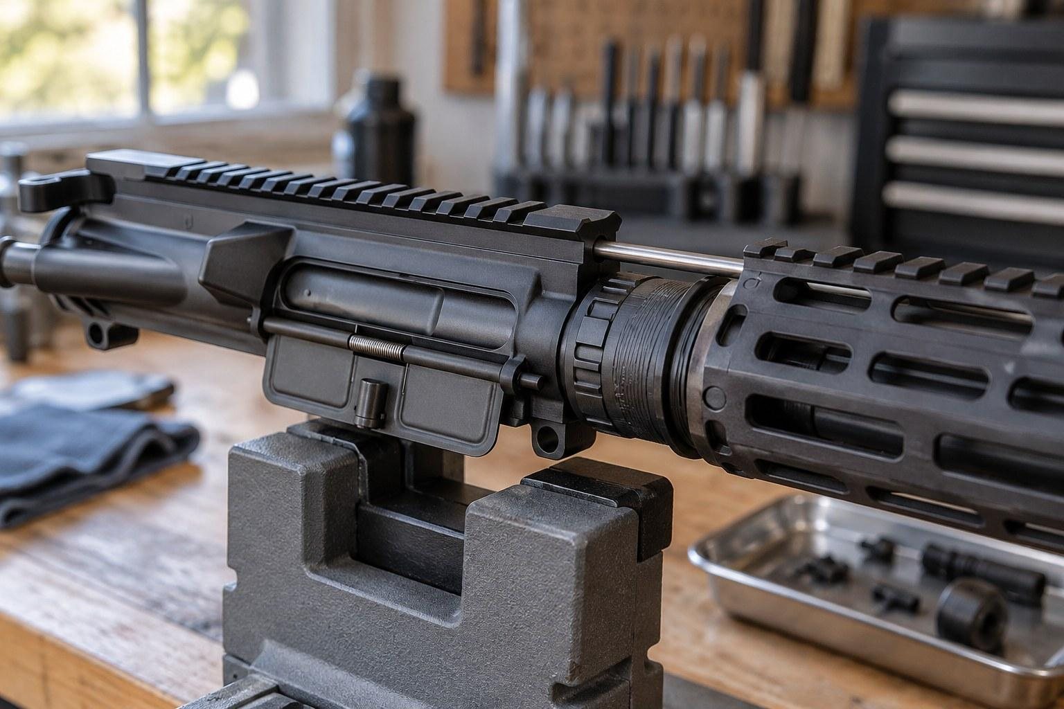 Black rifle receiver and handguard are clamped in a gray vise on a workshop bench.