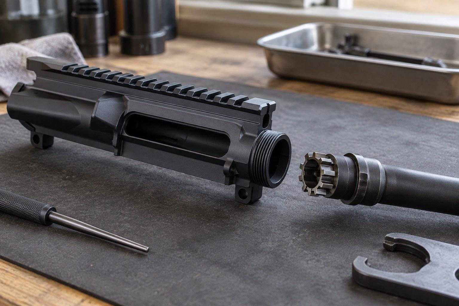 Black upper receiver and separate barrel components arranged on a dark work mat