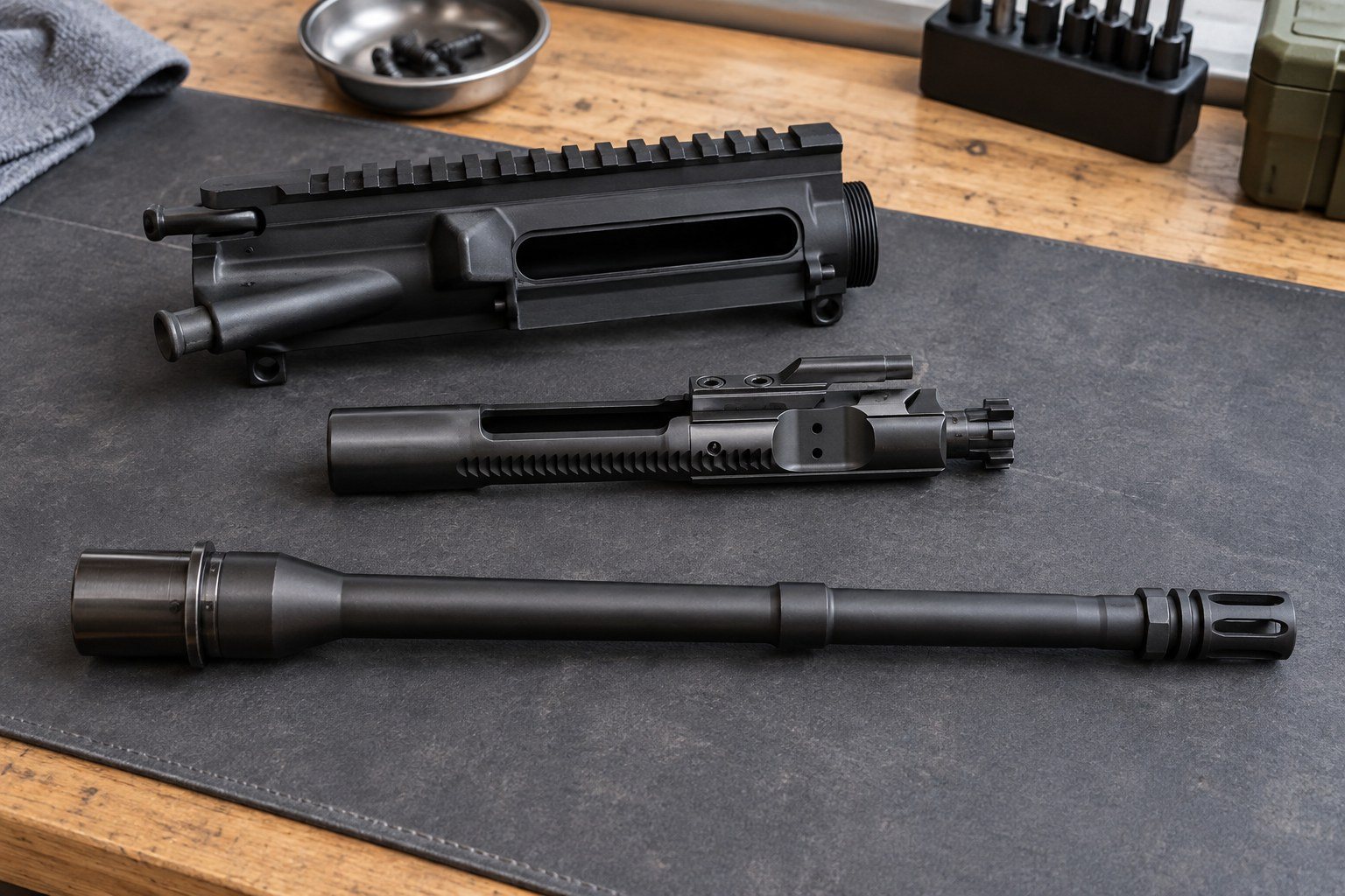 Disassembled black firearm components and barrel laid horizontally on a dark work mat