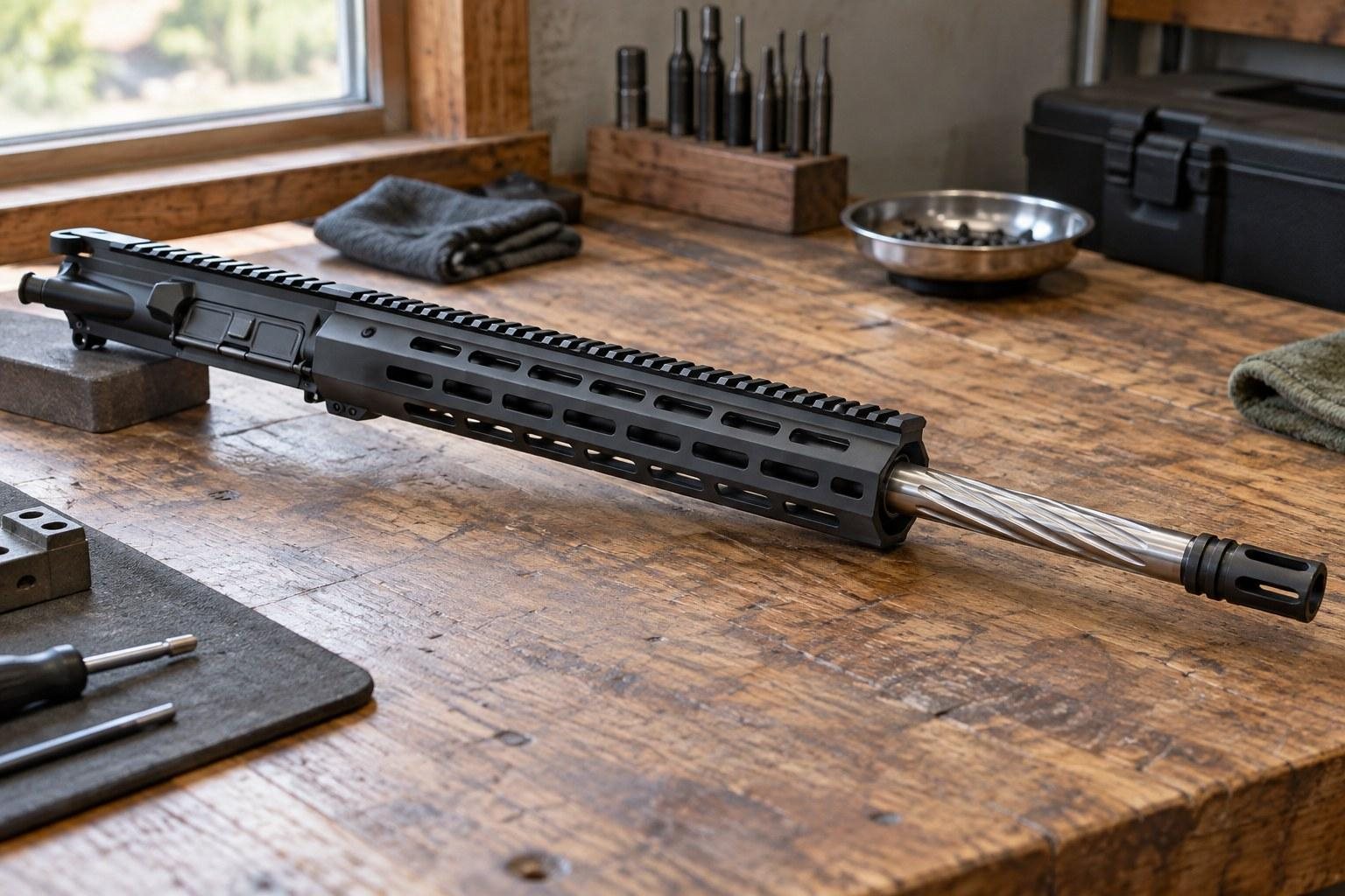 Black rifle with long handguard and silver barrel displayed diagonally across a wooden workbench.