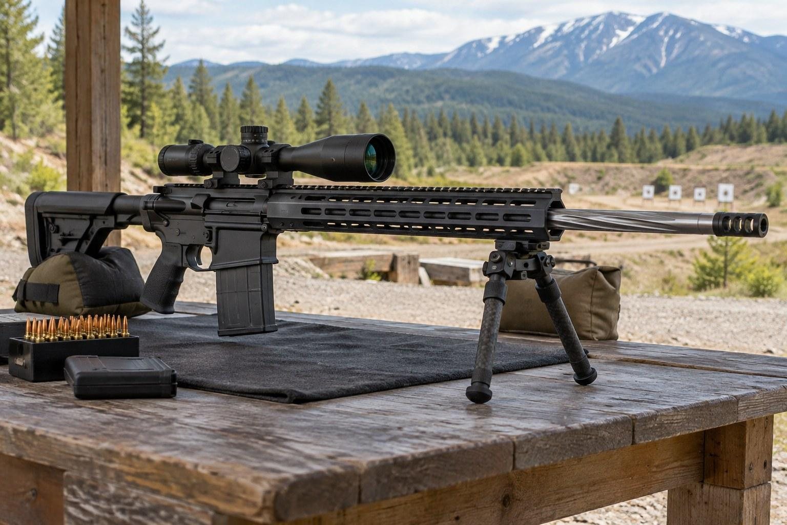 Black scoped rifle mounted on a bipod atop a bench, with mountains and trees in the background.