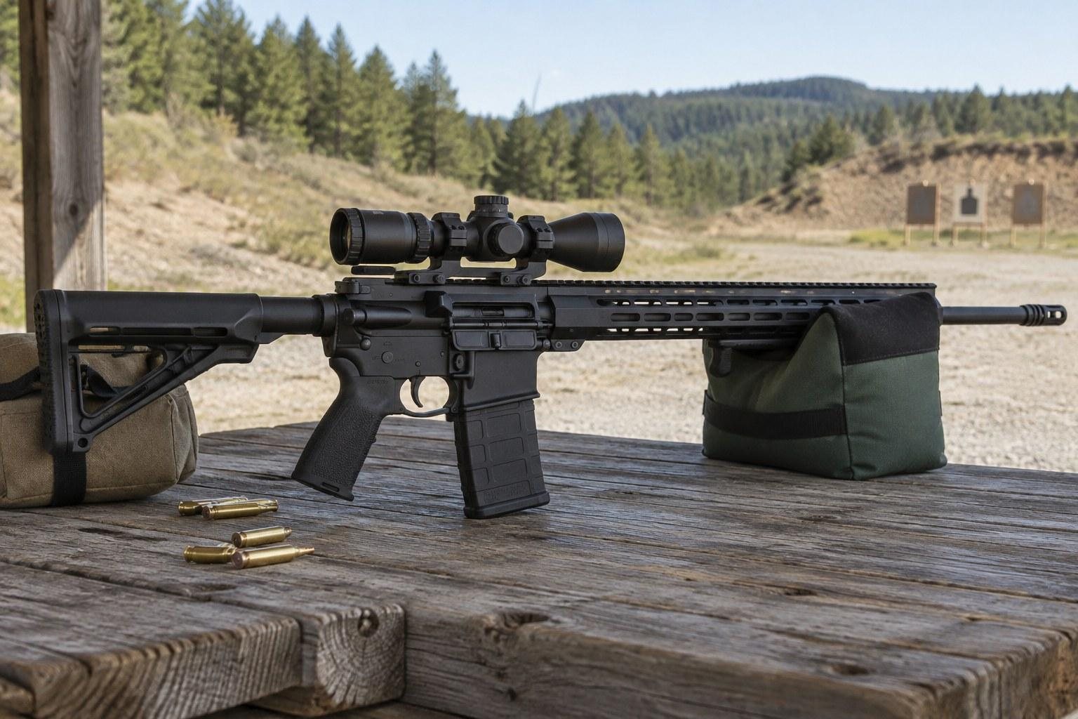 Black rifle with mounted scope resting on shooting bags at an outdoor range